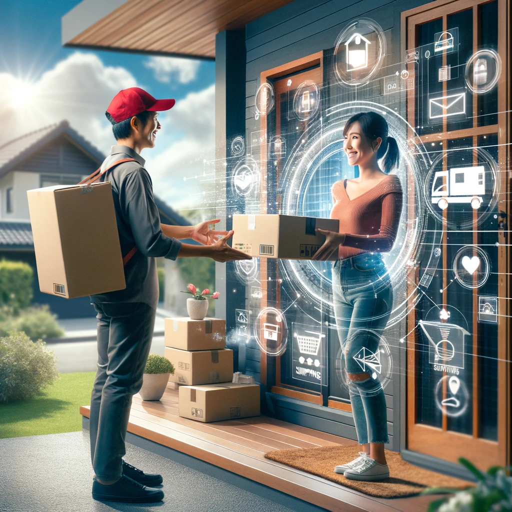 DALL·E 2024-03-12 16.21.53 - Visualize a scene where a woman is receiving a package at her home from a delivery person, within an environment themed around online shopping and shi